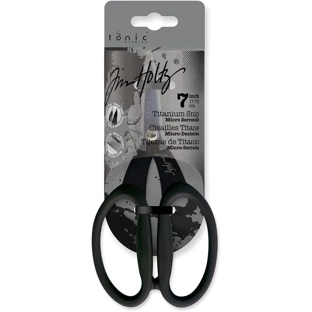 Small Titanium Scissors - 7 Inch Mini Snips with Micro Serrated Blade - Non Stick Craft Tool for Cutting Paper, Fabric, and Sewing - Black Comfort Grip Handles