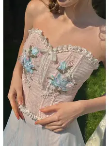 The Blue Lily Corset - Summer Fitted Sleeveless Spaghetti Strap Plain Polyester Corset with Delicate Lily Motifs for Ethereal Grace Elegant Classy Tops Womenswear