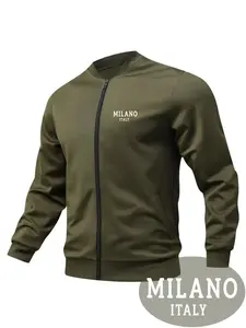 Men's Casual Pilot Jacket with Milanese Italian Logo Print, Lightweight Zip-Up Design, Suitable for Daily Commuting, Urban Streetwear, Outdoor Activities, and Weekend Trips (Adult Men's Size)