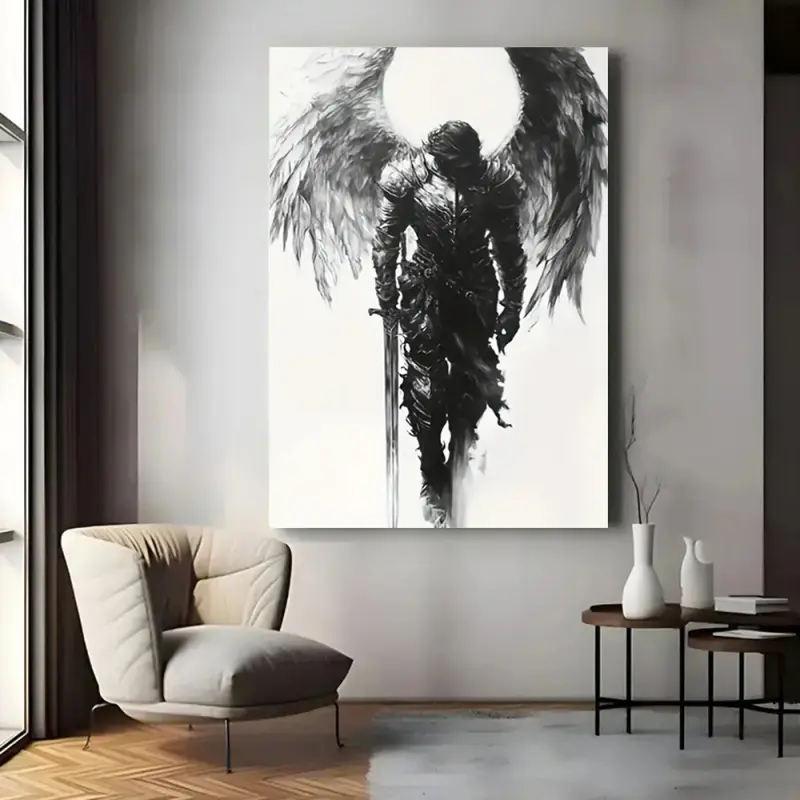 Gothic Warrior Dark-Framed Canvas Print - Artistic Abstract Black Gold Ink Splash Wall Mural, Custom Blonde Scripture Vintage Art, Home Decor for Bedroom Wall Art