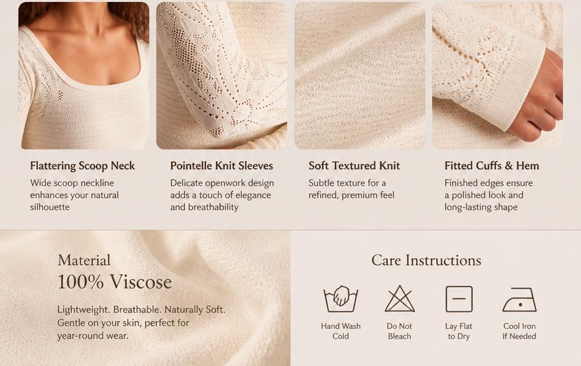 Design detail of Women's Fitted Lace Long-Sleeve Sweater with a scoop neckline