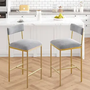 Garvee High Stool, Set of 2 with Cushion, for Home Use in Bar, Gold Frame and Grey Fabric Cushion, 37 × 42 × 95 cm