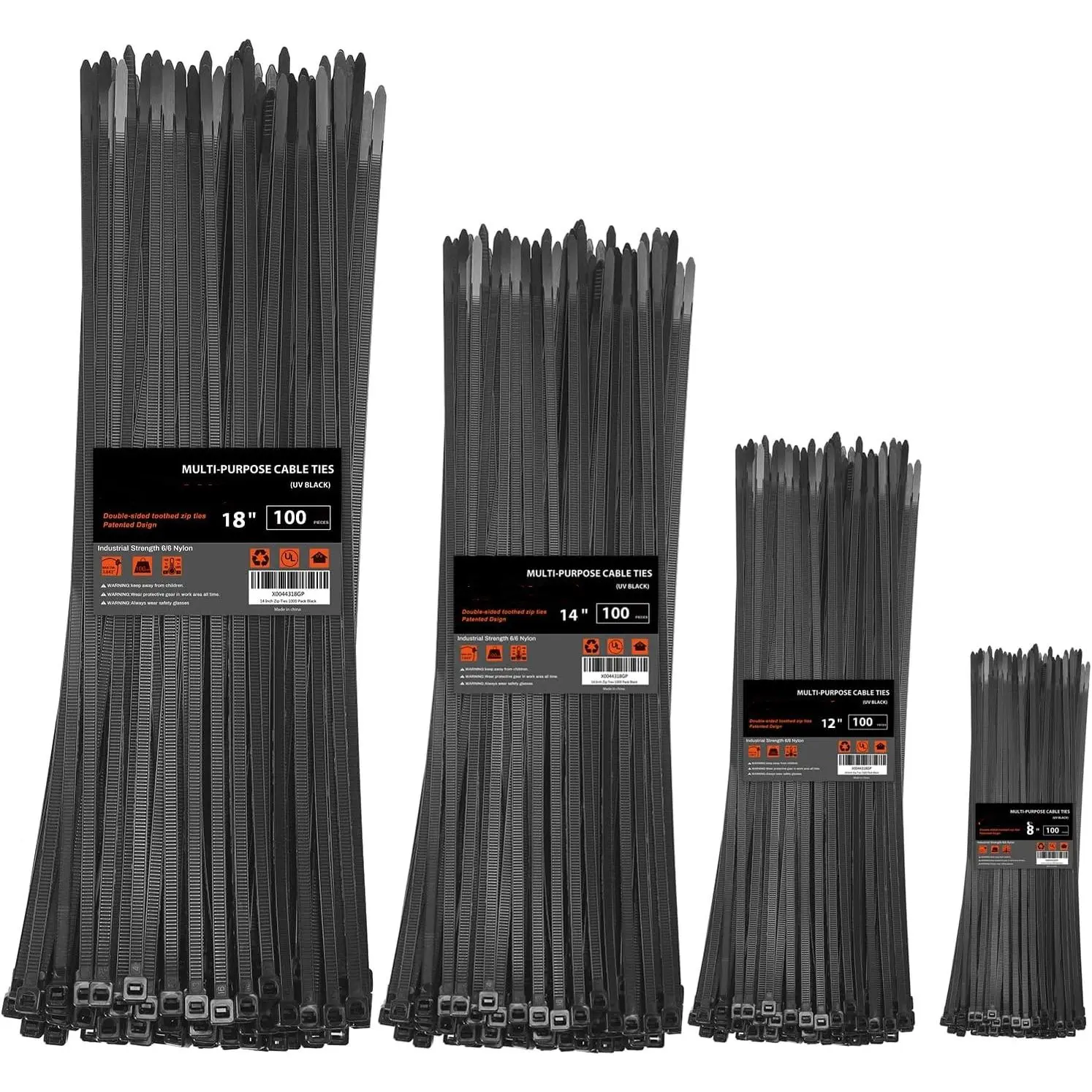 400 Pack Heavy Duty Nylon Cable Straps, 8+12+14+18 Inch Assortment, 60/100 lb Tensile, Double Sided Toothed Wire Ties for Indoor & Outdoor Cabling