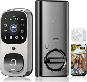 LNDU AL502，Smart Keyless Entry Door Lock,  Security Camera Door Bell Deadbolt, Built-in WiFi, Support APP Control, Fingerprint, Alexa, Motion Detection, Video Record, BHMA, IP65, with Battery, Chime