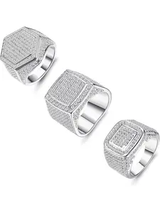 3Pcs Iced Out Elegant Glittering Ring for Men Halloween Silver Plated Big Hip Hop Cuban style Punk Ring Bling Luxury Oversize Men's Club Heavy Metal Band Stainless Steel Rings