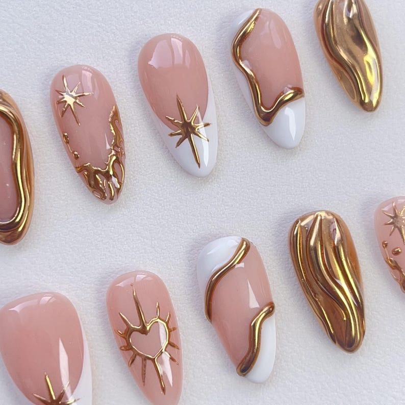 3D Gold Chrome Nails - White French Press On Nails Long Almond Nails - French Nails - Gold Nails - Wedding Nails - Sun star nails - Metallic gold nail