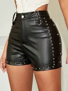 Apperloth Studio Women's Faux Leather High Waisted Shorts - Slim Fit Decorative Studded Streetwear Shorts for Party