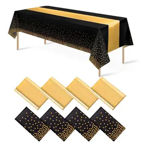 Black Gold Party Tablecloth & Satin Table Runner Set | 8 Pack Disposable Waterproof Plastic Table Covers with Gold Polka Dot Design | Luxury Wedding, Birthday, Graduation, Baby Shower & Holiday Party Decorations | Elegant Event Table Decor Supplies