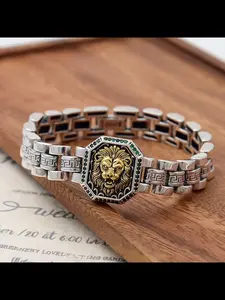 New Lion Watch Chain Commuter Diamond Lion Head Wristband, Stylish Fashion Versatile Men's Bracelet, Trendy Casual Accessory