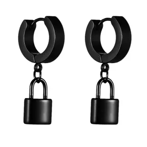 OIDEA Polished Padlock Charm Huggie Hoop Earrings, Stainless Steel Lock Pendant Keychain Loop Earrings for Men, Hip Hop Streetwear Fashion Costume Jewelry