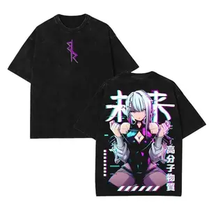 Lucy Cyberpunk Ice Queen Anime Double Printed Vintage Washed Tee ver Unisex Oversize Heavyweight Cotton Manga Graphic Crewneck Soft Tops Natural Shade T-shirt Anime Gift