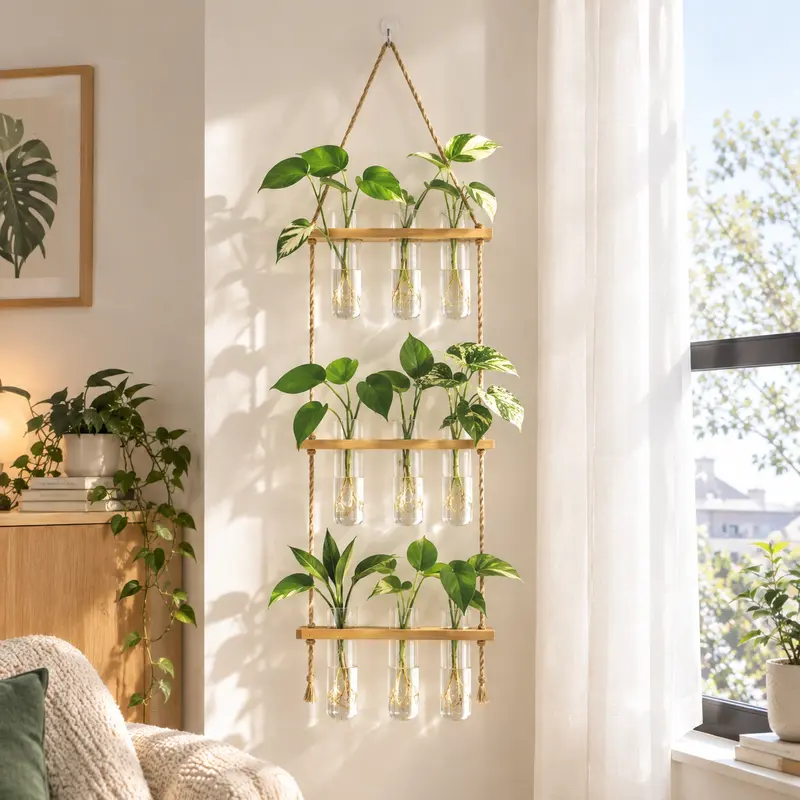 3-Tier Wall Hanging Propagation Station Terrarium with Wooden Stand, Glass Test Tubes, Plant Hanger Vase for Home Office Decor Cuttings, Hanging Planters