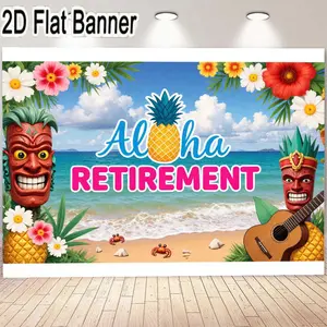 2D flat banner, 1pcAloha Retirement Banner - Tropical Themed Retirement Celebration Decorations with Tiki Masks, Pineapples, and Tropical Flowers - Perfect for Hawaiian Style Retirement Party Banners and Backdrops Indoor Outdoor