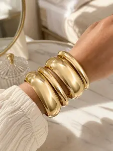 4 Pcs Chunky Gold Tone Bangle Bracelet Set for Women, Stackable Wide Dome Cuff Bangles, Bold Statement Jewelry for Daily Wear Party Vacation, Stackable Bracelets