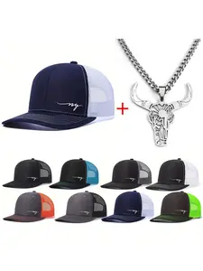 Unisex Baseball Cap & Bull Head Necklace Set, Casual Fitted Design, Adjustable Trucker Style, Ideal for Men & Women, All-Season Wear