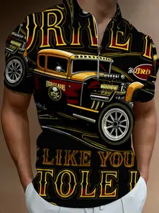 Retro Muscle Car Printed Short Sleeve Polo Shirt, Men's Trendy Top, Black Racing Car Design