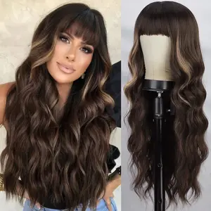Dark Brown Mixed Blonde Long Wavy Ginger Wig with Bangs Natural Looking Heat Resistant Synthetic Curly Full Wigs for Women Daily Use