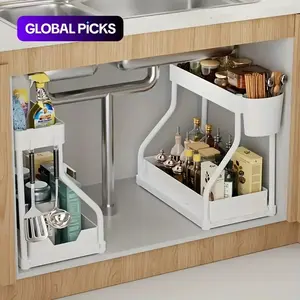 2 Layer Pull Out Storage Rack Large Capacity Drawer Home Organizer for Kitchen and Bathroom Condiment Storage Rack Under Sink Storage Rack Multi Functional Pantry Organizer Sliding Cabinet Basket