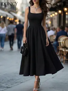 Women's Square Neck Sleeveless A-Line Midi Dress, Casual Fashion Dress, Slim-Fitting, Casual Style, Summer, Suitable for Daily Wear, Lunch, Dates, Semi-Formal Events