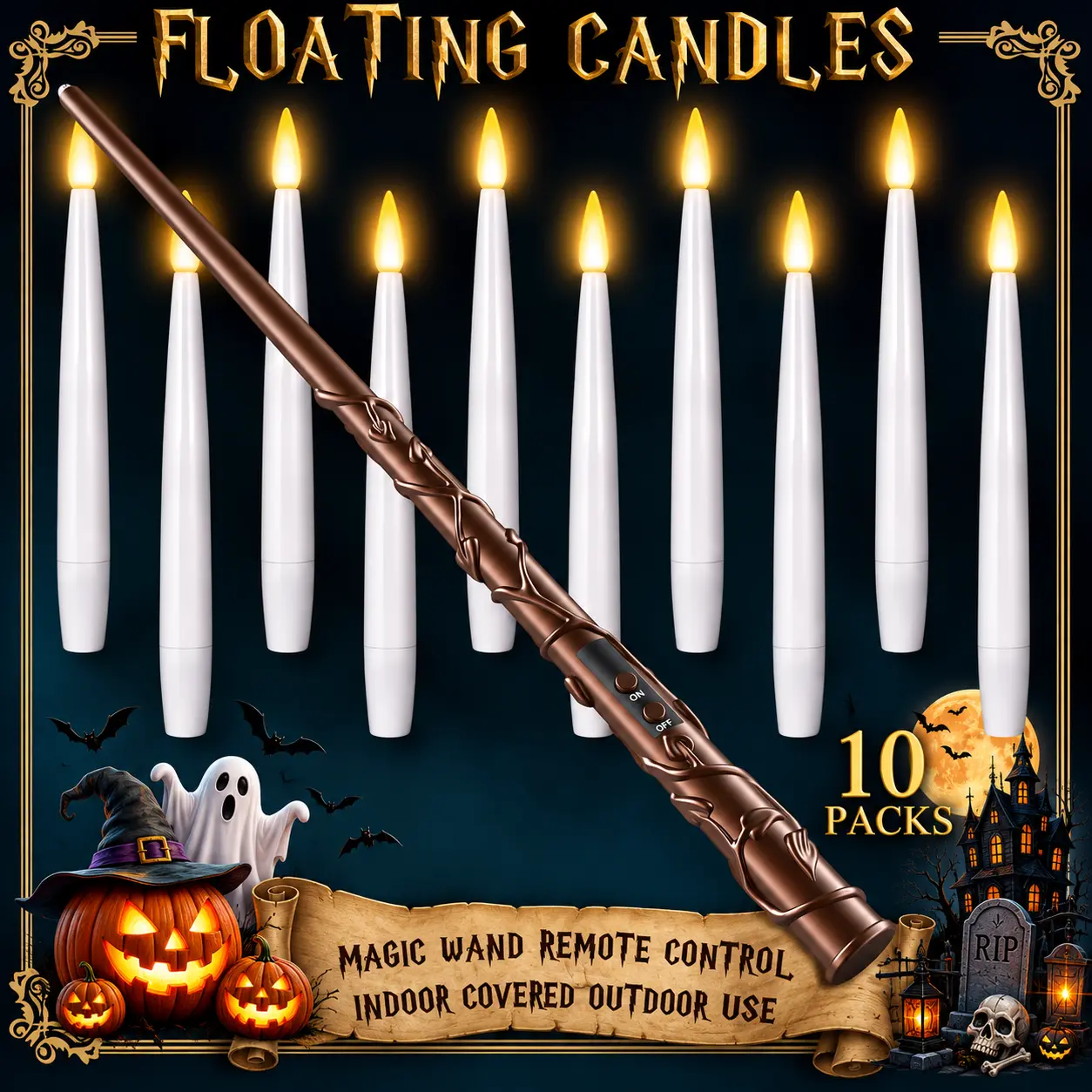 IMOLI Floating Candles with Wand,10 Pcs White Flameless LED Taper Candles