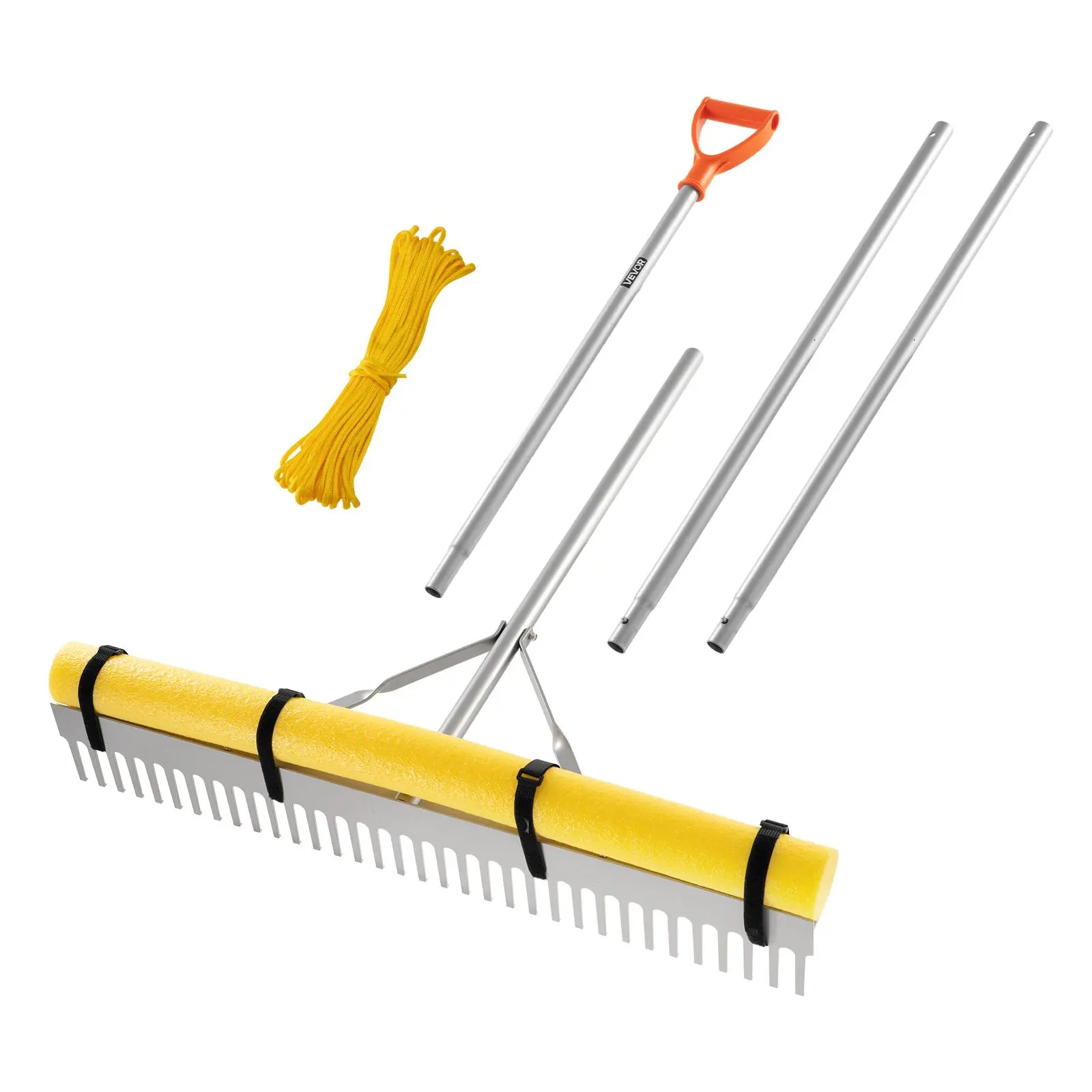 【summerfinds】VEVOR Landscape Rake 36 inch Wide Head 102 inch Handle Large Heavy Duty Aluminum for Loosening Soil Garden Yard Pond Gravel Beach Lawn Care 52ft Rope