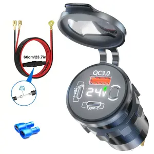 Quick Charge Socket Type-C And QC3.0 USB Charger, with Outlet Socket With ON/Off Switch, Equipped with 60cm Cable and Port, 12V/24V Adapter for Cars, Boats, Buses, Trucks, RVs & Motorcycles Fast Charging Solution