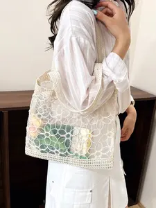 Korean Style Soft Lace Mesh Patchwork Tote Bag, Large Capacity Shoulder Crossbody Bag, Summer Beach Vacation Daily Commute Casual Women's Sandbag