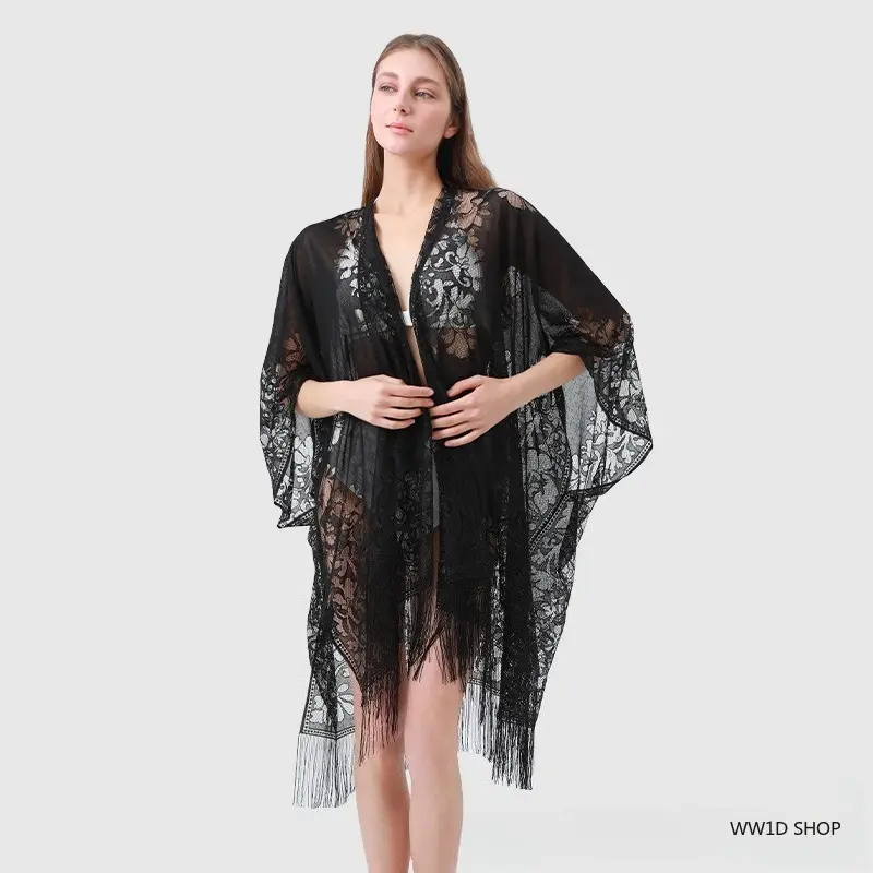 Female All-Seasons Floral Lace Hollow-Out Chiffon Shawl - Lightweight Breathable Sheer Wrap with Fringe Trim, Valentine Formal Evening Dress Fashion Accessory