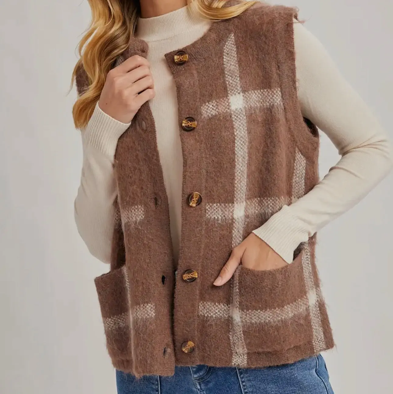 Button Down Plaid Fuzzy Knit Sweater Vest
