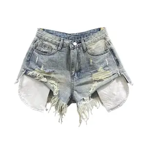 Korean Vintage Blue Sexy Ripped Jeans for Women Patchwork A-line High-waisted Denim Ultra Shorts Pocket Womenswear Streetwear Bottom Basic Pink