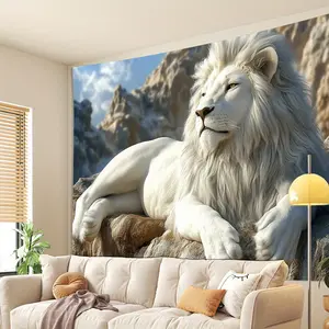 1pc Majestic White Lion Tapestry - Realistic 3D Wall Art with Detailed Fur & Mountain Landscape, Polyester Fabric, Easy to Hang, Perfect for Living Room, Bedroom, Office, or Party Decor, Bedroom Wall Decor |       Serene Room Ambiance |       Detailed Fur
