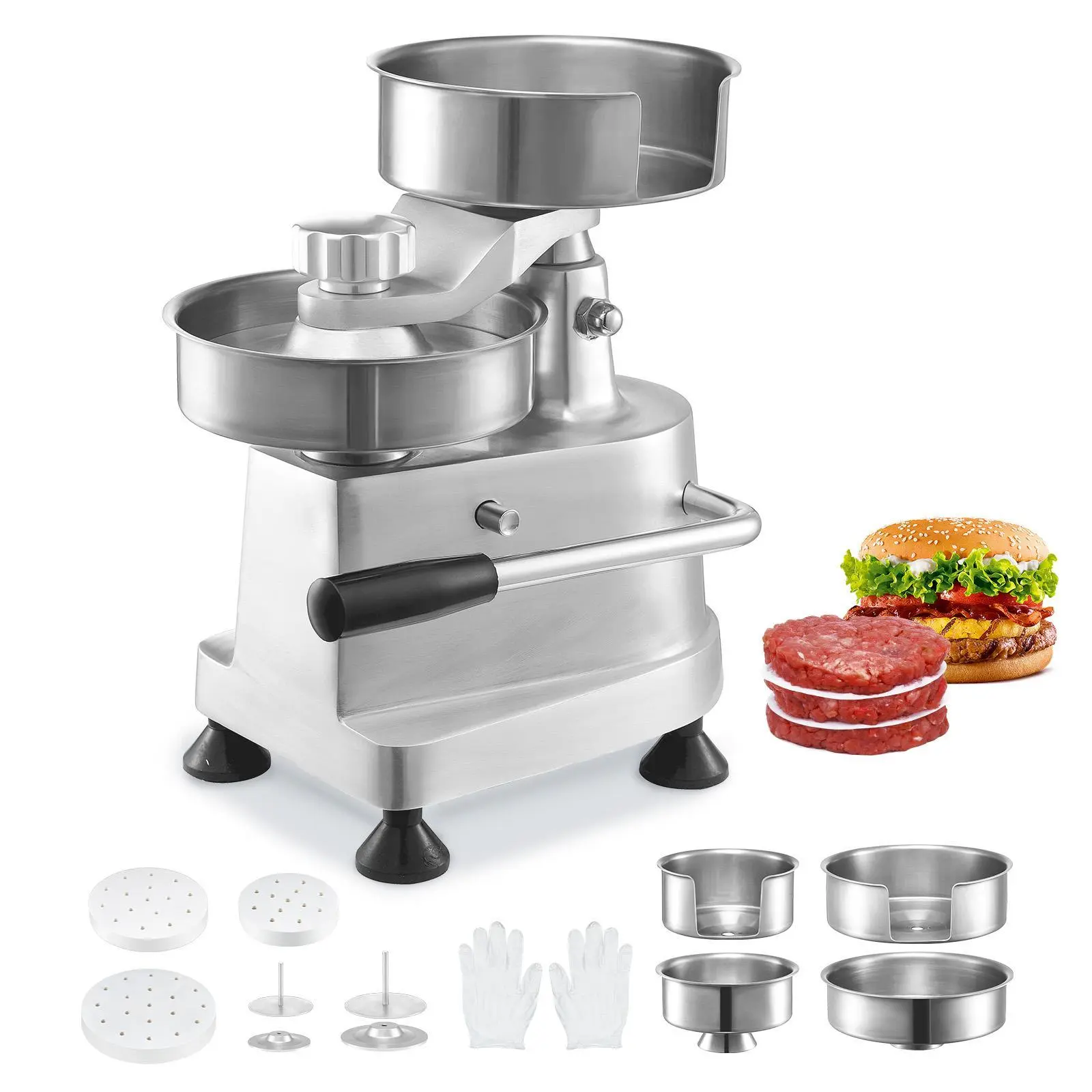 【Summerfinds】VEVOR Commercial Burger Patty Maker,  , Hamburger Beef Patty Maker with 3 Convertible Mold(4/5/6-inch), Heavy Duty Stainless Steel Burger Press Machine, Meat Forming Processor with 1500 Pcs Patty Papers