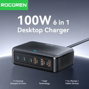 Rocoren 100W USBC Desktop Charger 6PortsGaN PD FastCharger USB Charging Station Laptop PowerAdapter FastCharger ForiPhone 1514 Pro Max SamsungXiaomi