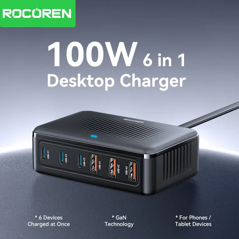 Rocoren 100W USBC Desktop Charger 6PortsGaN PD FastCharger USB Charging Station Laptop PowerAdapter FastCharger ForiPhone 1514 Pro Max SamsungXiaomi