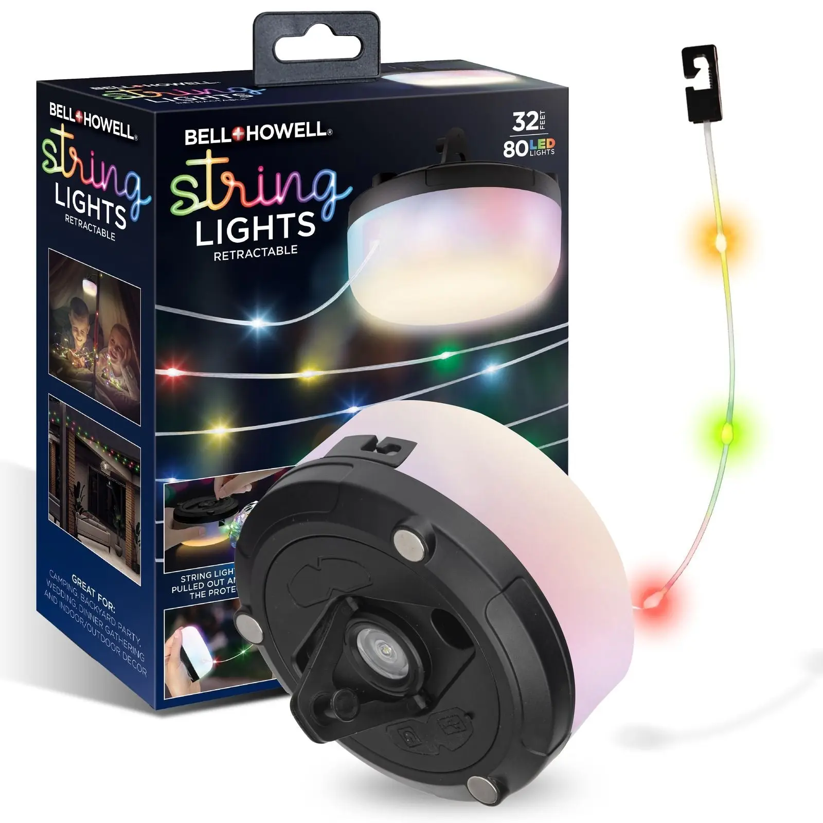 32' Holiday String Lights - Retractable USB-C Rechargeable , 80 LED Color-Changing, Magnetic Base, Flashlight, Built-in Hook, IP65 Water-Resistant for