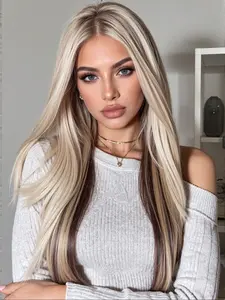 TOPSHE 13x6 Lace Front Wig, Highlighted Gold Medium Length Straight Hair, Heat Resistant Fiber, Daily Wear, Party, Cosplay, Lace Frontal Wigs
