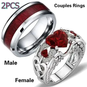 2Pcs Romantic Couples Ring Set for Men and Women - Stainless Steel Band for Him and Sparkly Red Heart Cut Angel Wings Ring for Her - Creative Promise Wedding Jewelry