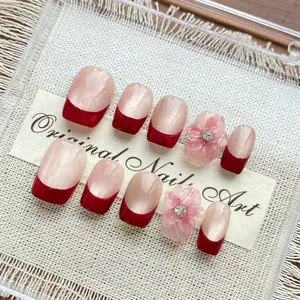 Red French Tip 3D Flower Press On Nails, Handmade Reusable Square Fake Nails