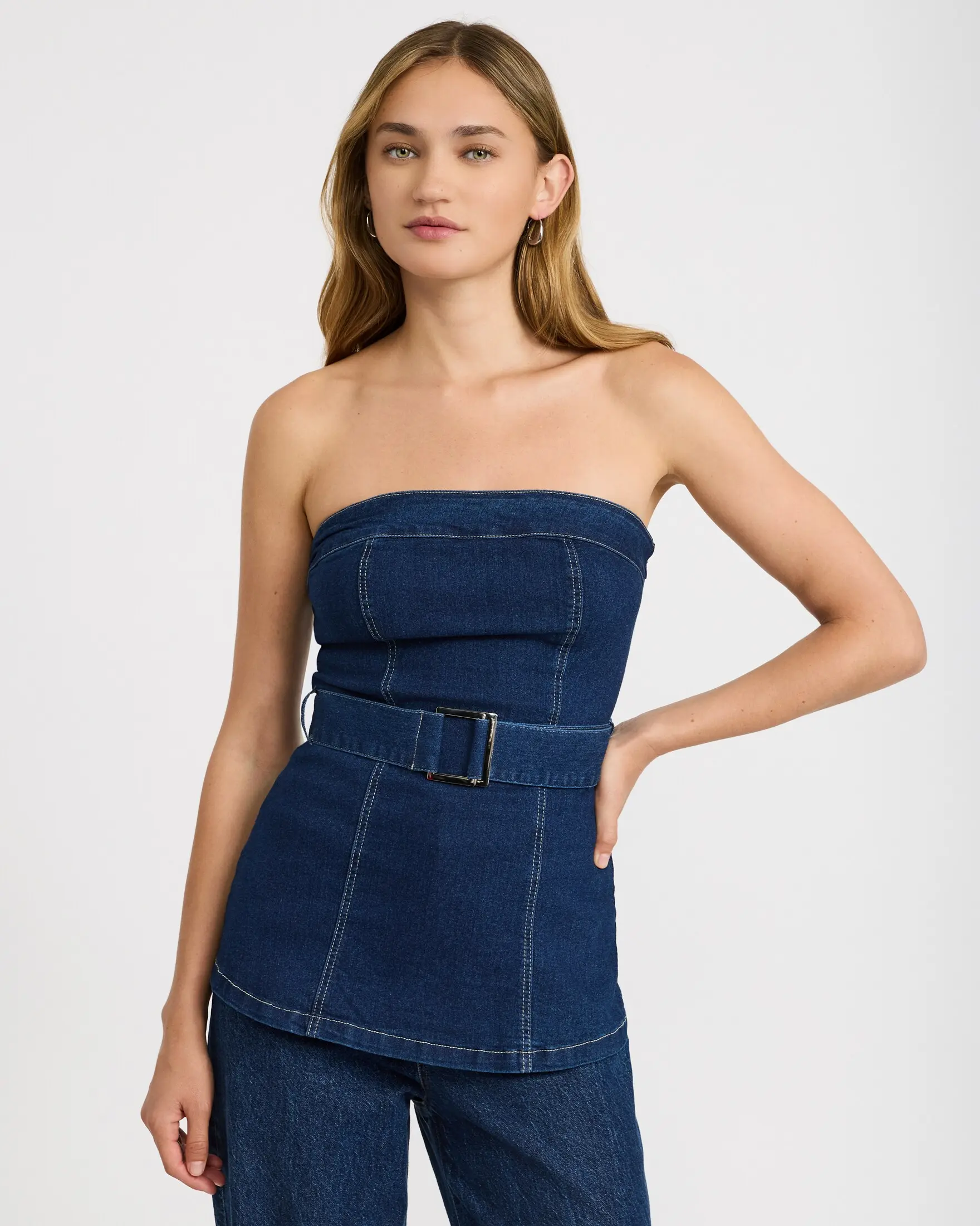 Express Stretch Denim Strapless Belted Tube Top