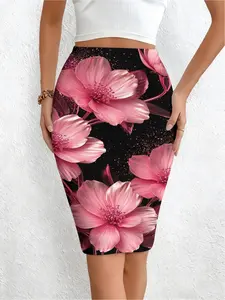 Rose pink contrast floral 3D print slim-fit midi skirt with a waist-cinching design. Black background with a vintage and vibrant style, suitable for work and dates, slimming and figure-flattering pencil skirt
