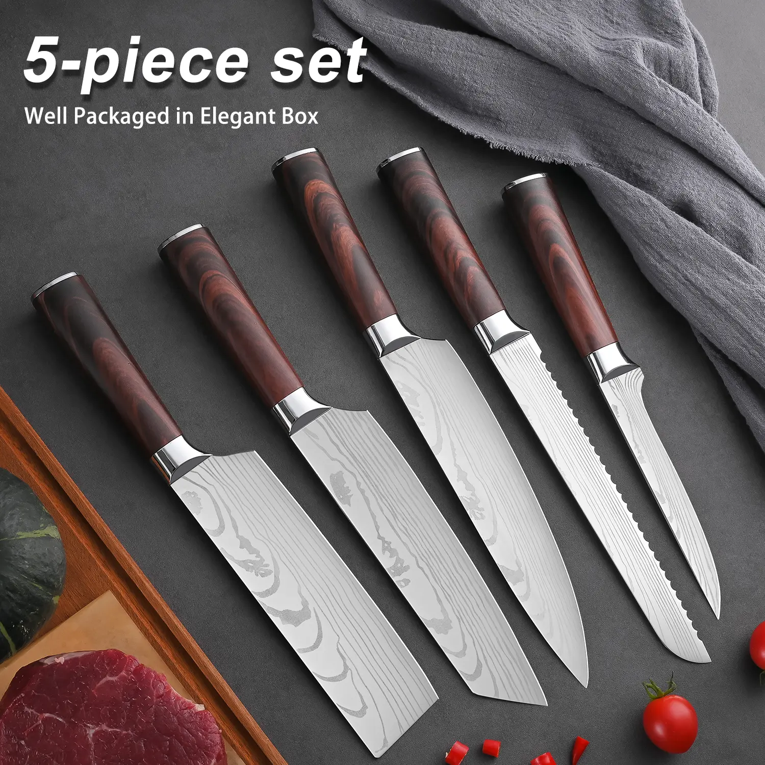 Damascus pattern kitchen set, stainless steel chef's chopping knife, slicing knife, kitchen lady's special meat cutting knife, outdoor camping restaurant home gift, fruit and other kitchen knives, meat processing tools, professional kitchen utensils.