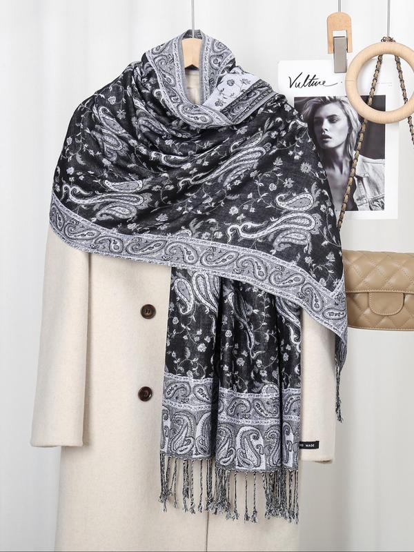 Women's Luxury Paisley Embroidered Shawl Scarf, Boho Style Shawl, Boho Jersey Hijab with Long Fringe, All Seasons Elegant Comfort Wrap Women's Luxury Paisley Embroidered Shawl Scarf, Boho Style Shawl, Boho Jersey Hijab with Long Fringe, All Seasons Elegant Comfort Wrap
