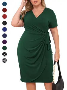 Plus Size Slim Fit Mid-Length Dress, Casual V Neck Short Sleeve High Waist Summer Dress with Belt, Soft Comfortable Women's Clothing