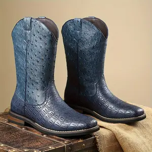‌Western Cowboy Boots for Men - Crocodile Embossed Leather, Square Toe, Mid-Calf, Vintage Style, Handmade, Solid Black & Brown, Western Fashion