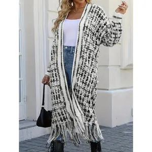 Plus Size Plaid Print Fringe Trim Long Cardigan, Casual Long Sleeve Open Front Knitwear for Daily Wear, Women's Knit Clothing for All Seasons