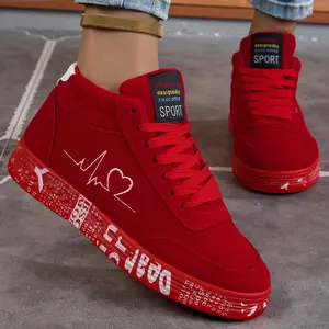 Women's Red High-Top Skateboarding Shoes - Lightweight all-season casual shoes with heartbeat lines and heart motifs, rubber sole & fabric lining, bright red for couples, skateboarding and outdoor wear, sporty style, EVA cushioned insole