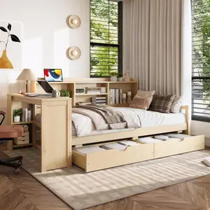 Twin Size Bookcase Daybed with Desk, Storage Drawers & Charging Station, 200lbs Capacity, No Box Spring Needed