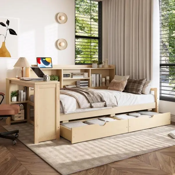Twin Size Modern Rustic Pine Wood Rectangular Single Daybed with Slatted Base, Desk, Drawers, USB Port, Sideboard, Compartments, 88.7''L×48.6''W×38.1''H Indoor Frame, 126lbs Capacity, No Box Spring Needed Durable Studio Solution