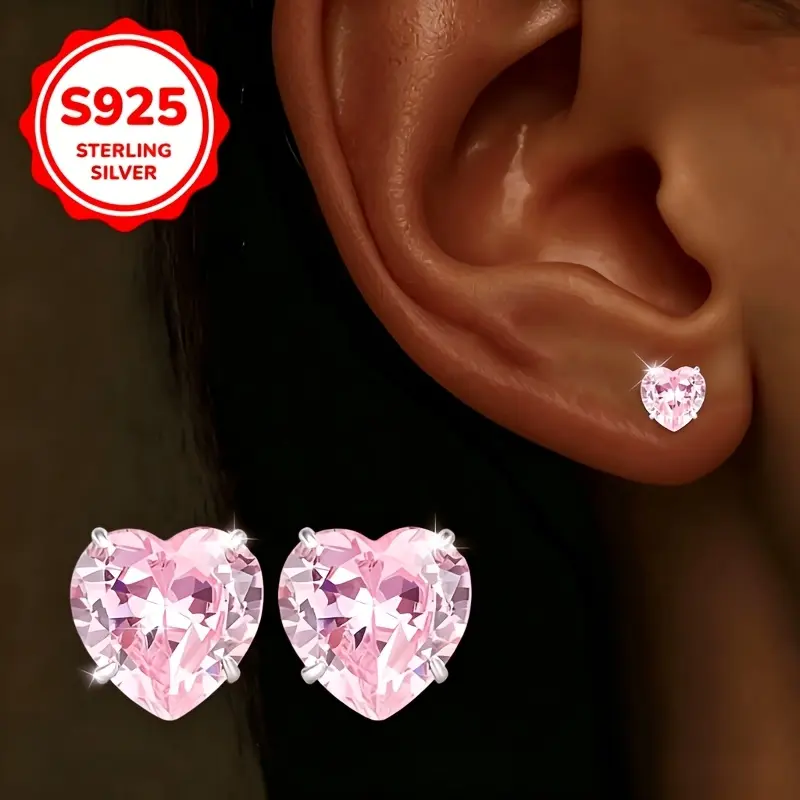 Women's 925 Silver Hypoallergenic Blush Pink Solid Heart Retro Stud Earrings Set (1 Pair/2 Pairs) - Shiny Light Luxury Style, Valentine’s Day Gift for Female Dating, Commuting jewelry everyday