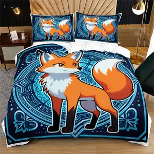 2/3 Pcs Cute Fox Print Duvet Cover Set, Adorable Cartoon Style Decor, Soft Microfiber Duvet Cover for Kids Bedroom, All-Season Use, Ideal Gift for Fox Lovers
